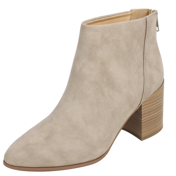 Taupe Faux Nubuck Leather Stacked Block Heel Booti - Picture 2 of 8